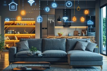 A modern living room with a gray sectional sofa, a coffee table, and a rug,  is filled with glowing icons representing smart home technology.